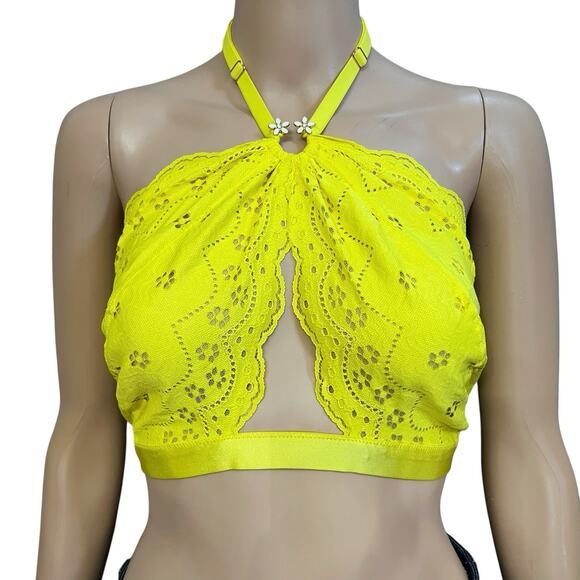 Savage X Fenty Bombshell Lace Bralette 2X Halter Neck Yellow Floral Medallion - Picture 1 of 8